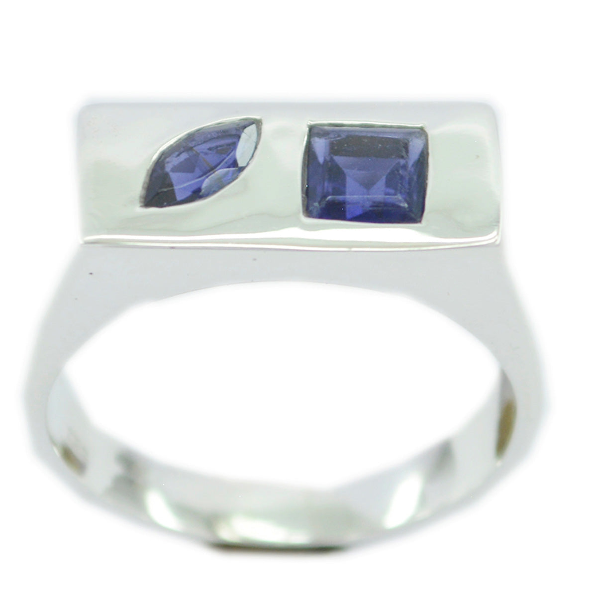 Tereza contemporary blue gemstone ring with rectangular and marquise blue stones set in silver band
