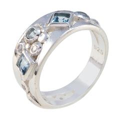 Angel sterling silver contemporary blue trilogy ring with square and round light blue gemstones and textured band