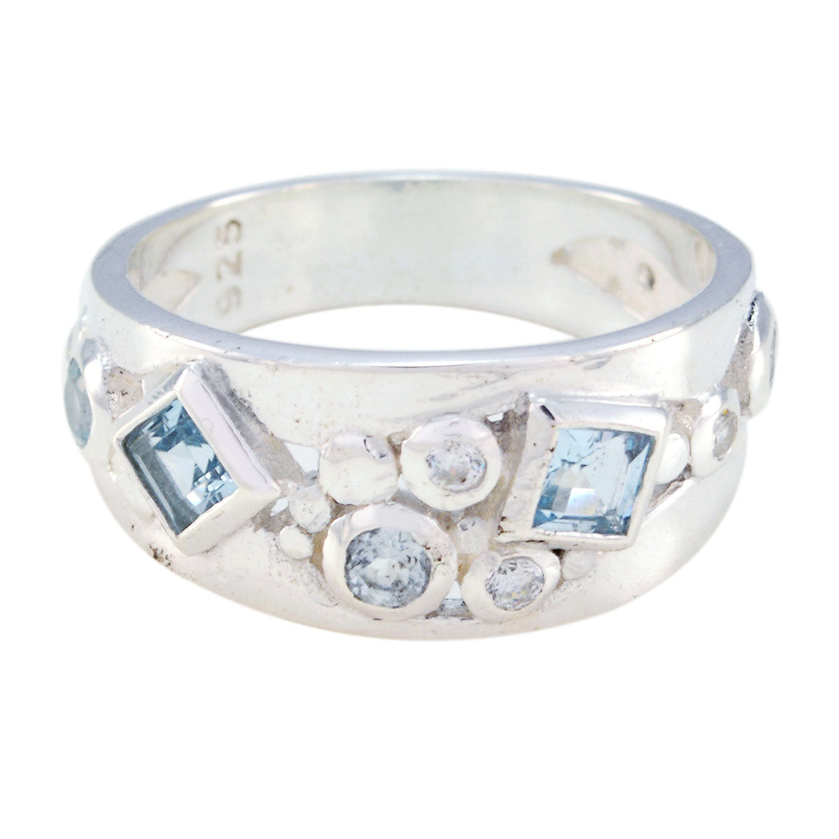 Angel sterling silver band with mixed square and round blue stones contemporary blue trilogy ring