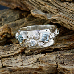 Angel silver band ring with square blue gemstones and diamonds contemporary blue trilogy ring