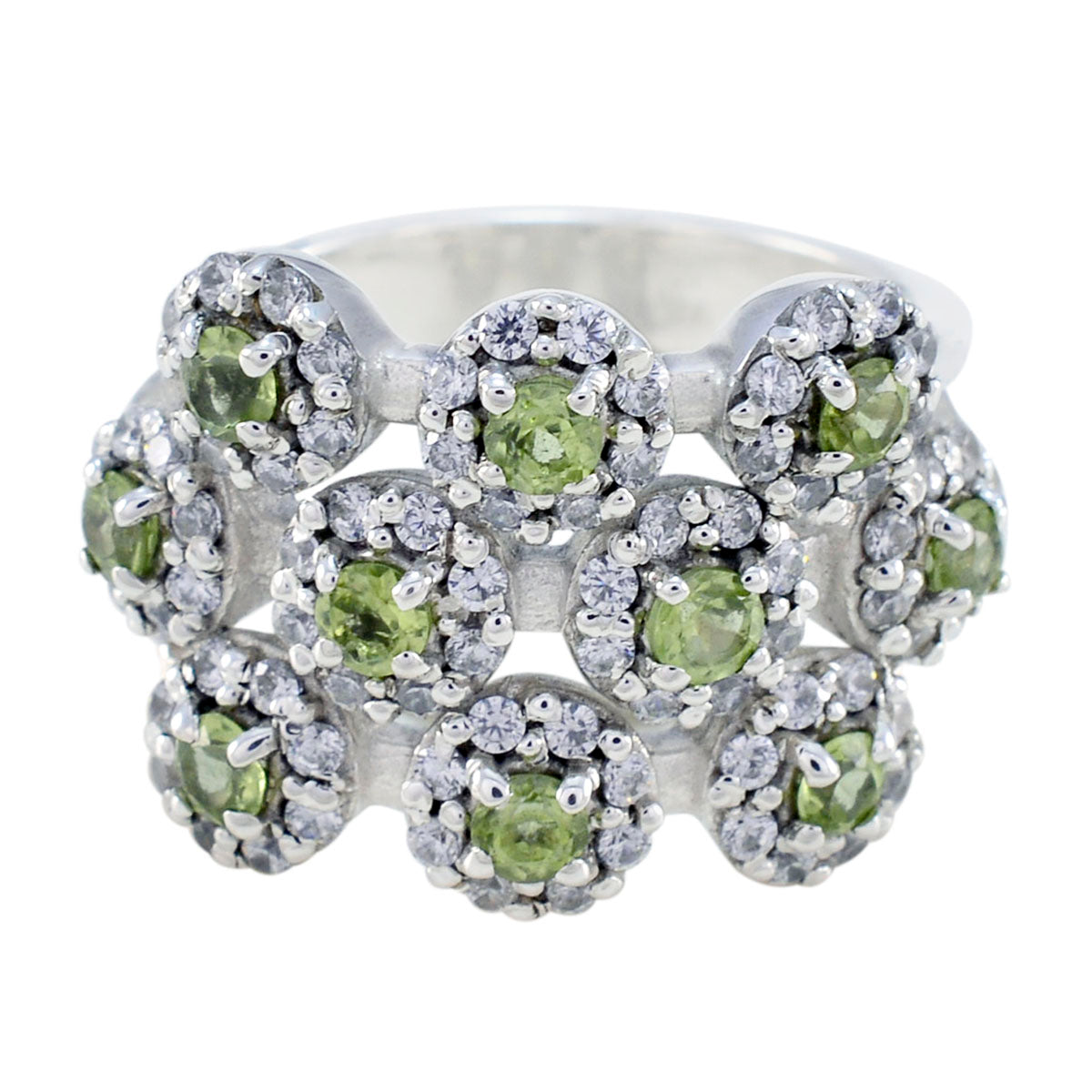 Tereza contemporary green gemstone ring with multiple green stones surrounded by clear crystals in silver setting