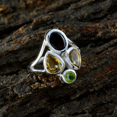 Isabella sterling silver contemporary multicolor gemstone ring with garnet, citrine, and peridot cluster on bark