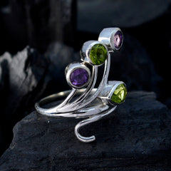 Natalie contemporary multicolor gemstone ring with purple and green stones in silver setting