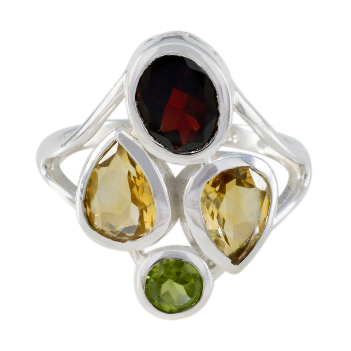 Isabella contemporary multicolor gemstone ring with red oval garnet two pear citrines and green peridot in silver