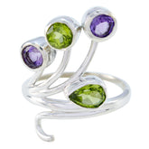 Natalie contemporary multicolor gemstone ring with green and purple stones in silver setting