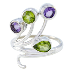 Natalie contemporary multicolor gemstone ring with green and purple stones in silver setting