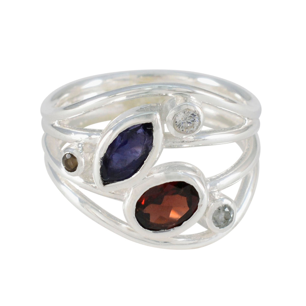 Lea contemporary multicolor gemstone ring with silver band and marquise-cut stones