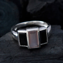 Riya contemporary multicolor trilogy ring with rectangular center stone and black side stones on silver band