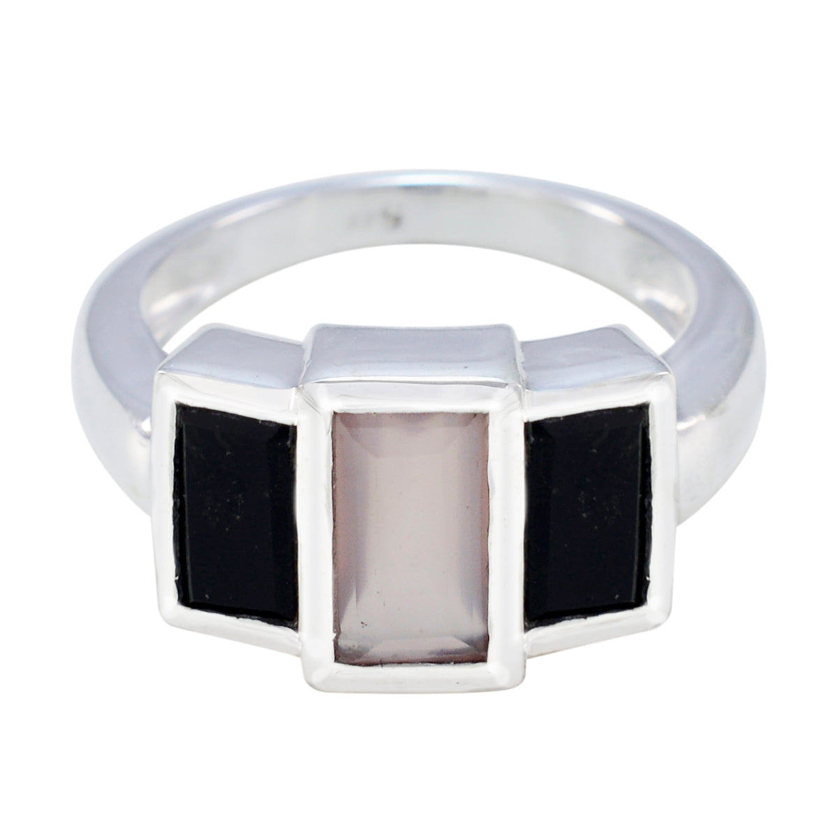 Riya contemporary multicolor trilogy ring with rectangular black and clear stones in silver setting