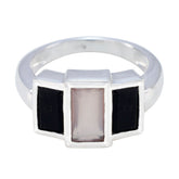 Riya contemporary multicolor trilogy ring with rectangular black and clear stones in silver setting