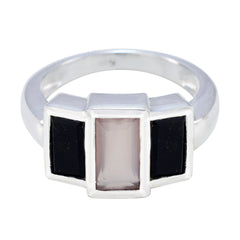 Riya contemporary multicolor trilogy ring with rectangular black and clear stones in silver setting