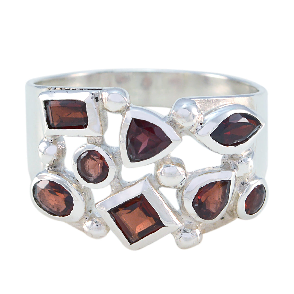 Charlotte contemporary red gemstone ring featuring multiple red gemstones in various shapes set in silver band
