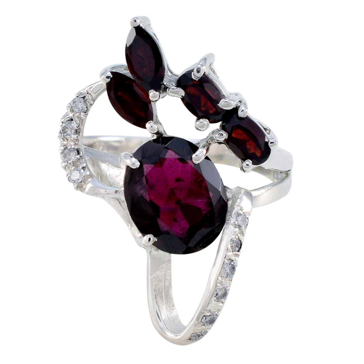 Sophia contemporary red gemstone ring with multiple red stones and silver band accented with small clear gems