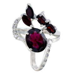Sophia contemporary red gemstone ring with multiple red stones and silver band accented with small clear gems
