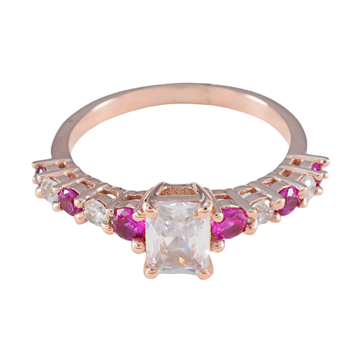 Teresa rose gold ring with emerald cut center stone and alternating rubies and diamonds contemporary red gemstone ring