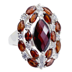 Siti contemporary red gemstone ring with marquise-shaped red stones and clear crystals in silver setting