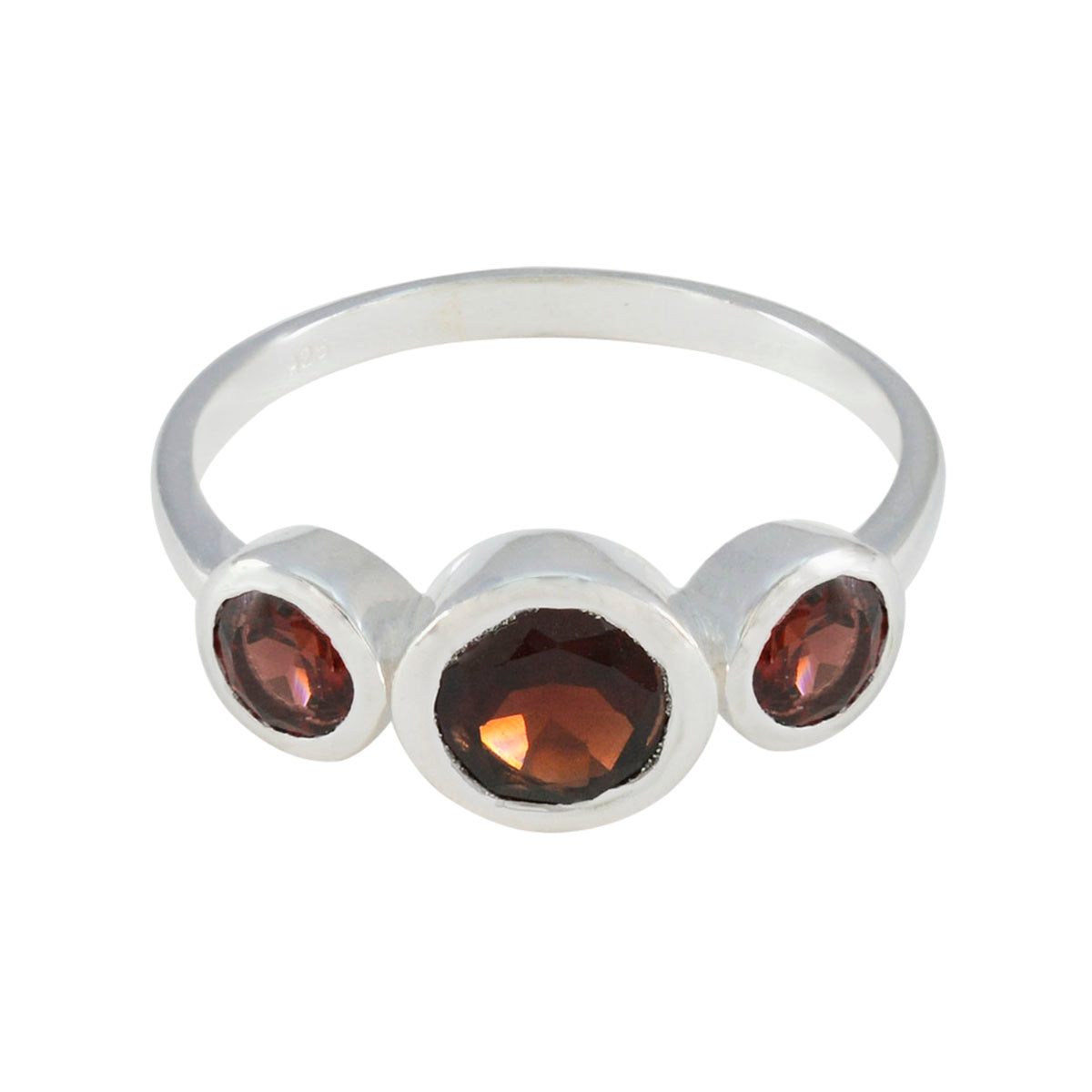 Yuki contemporary red gemstone ring with three round red stones set in a silver band