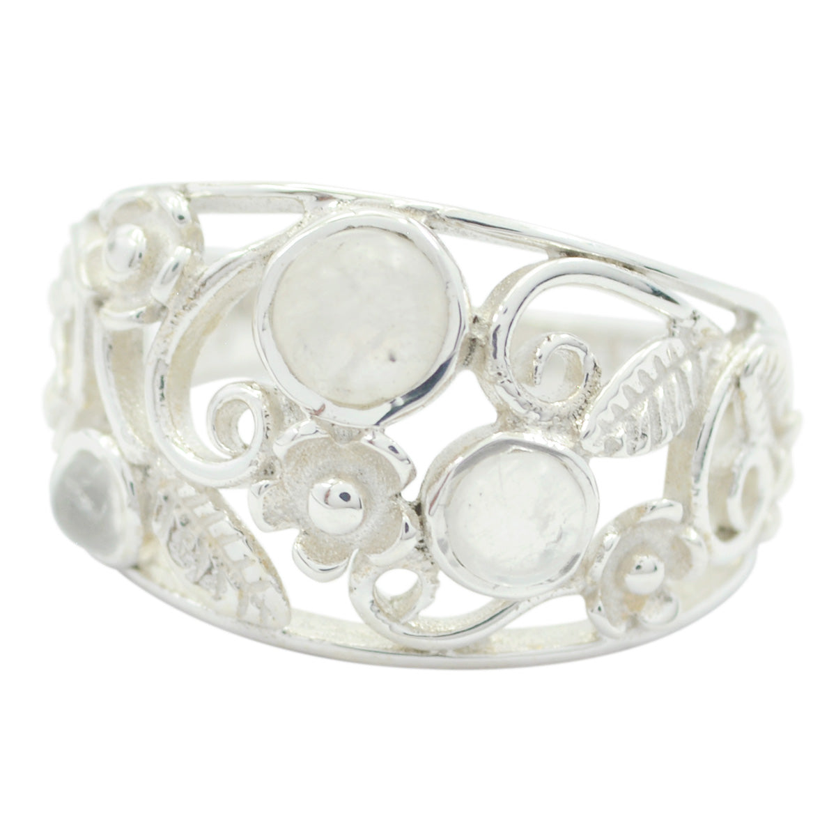 Aurora contemporary white gemstone ring with floral and leaf design in silver setting