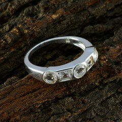 Bruna contemporary white gemstone ring silver band with three bezel set stones round and square