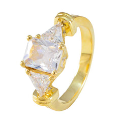 Daniela gold ring featuring contemporary white trilogy ring with three clear triangular gemstones