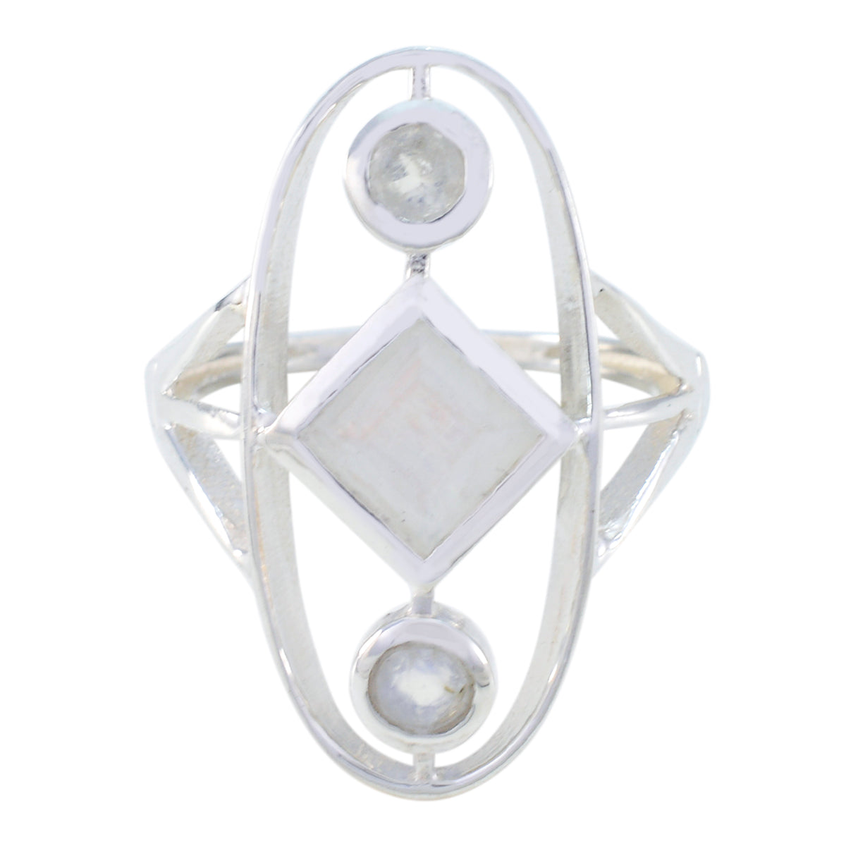 Lily contemporary white trilogy ring in sterling silver with three bezel moonstone settings and geometric design
