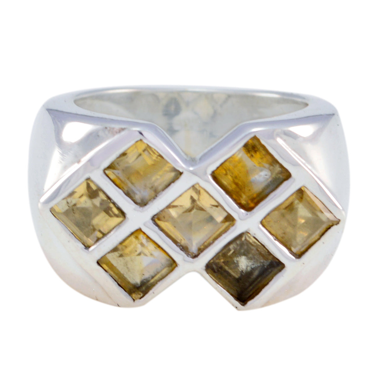 Mariana contemporary yellow gemstone ring featuring six square yellow gemstones in silver setting