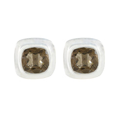 Maria Dainty Solitaire Stud Earrings with Gemstone Accent Smoky Quartz Brown Stud