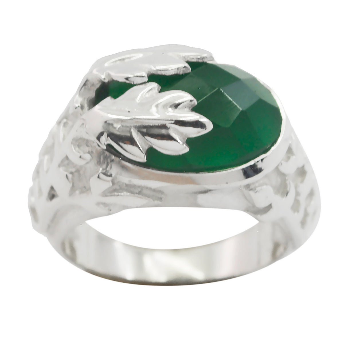 Dewi Leafy Green Solitaire Ring with Faceted Gemstone Green Onyx Green