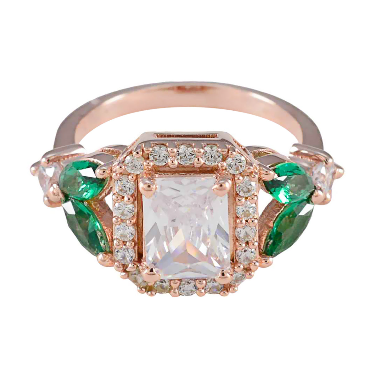 Eva emerald halo ring for women featuring a central rectangular stone surrounded by green emeralds and diamonds