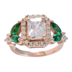 Eva emerald halo ring for women with square center stone and green emerald side stones in rose gold setting
