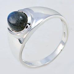 Araya ethnic grey solitaire ring with round labradorite cabochon in polished sterling silver bezel setting