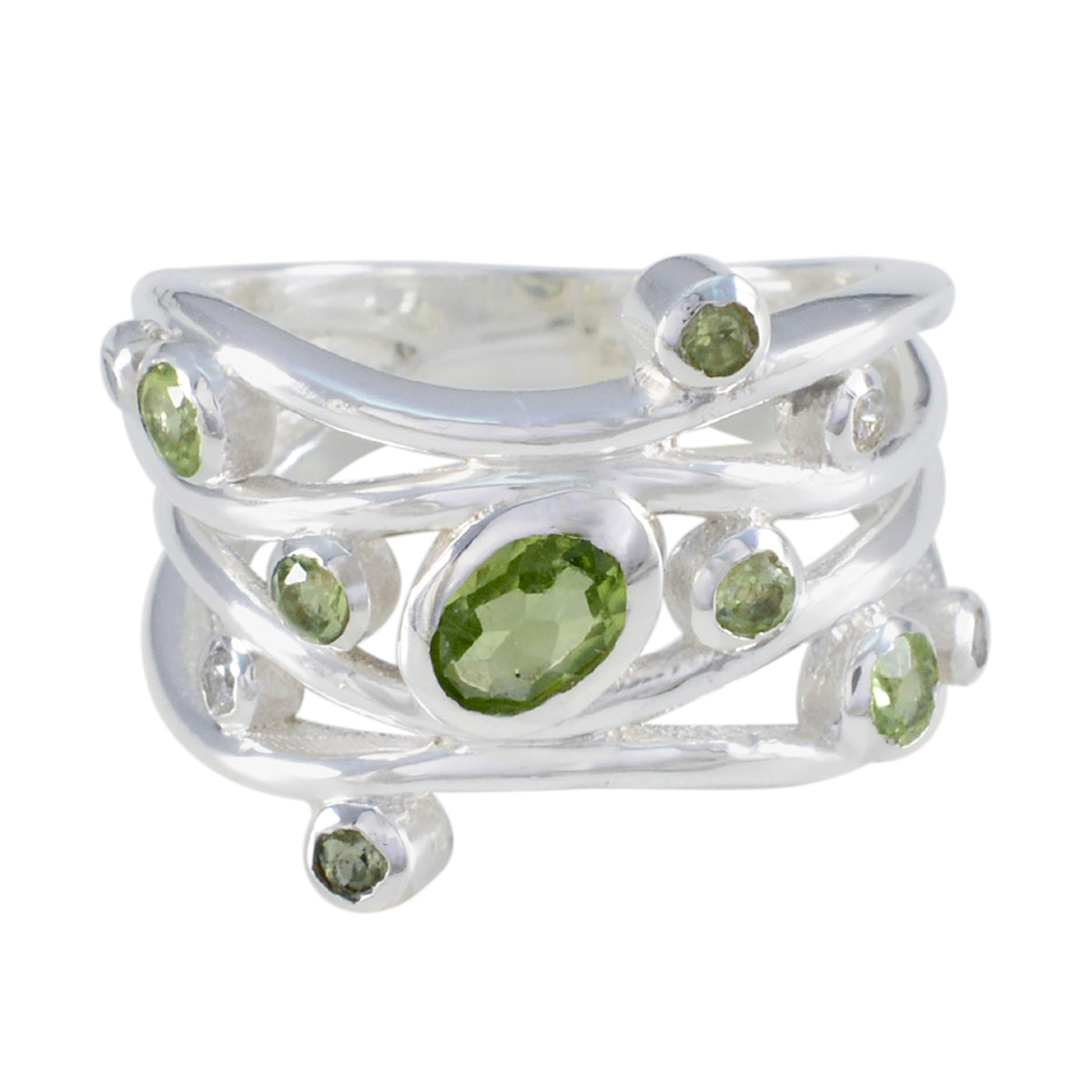 Nisa fairytale brown gemstone ring silver multi band ring with multiple green oval gemstones and organic vine design