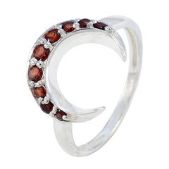 Isabelle feminine red gemstone ring with crescent moon design and red gemstones on silver band