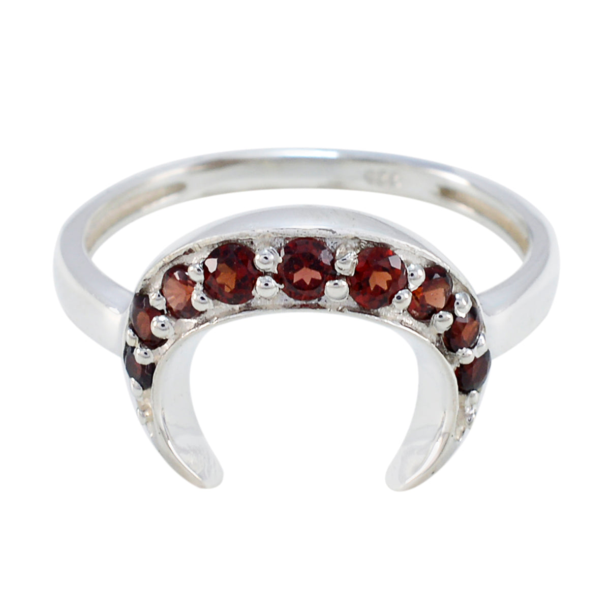 Isabelle feminine red gemstone ring with crescent-shaped design and silver band