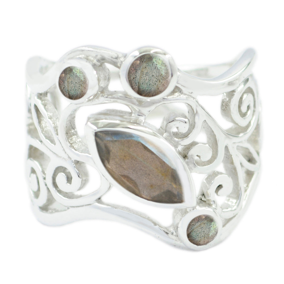 Zoe Filigree Grey Ring - Elegant Silver Jewelry Labradorite Gray