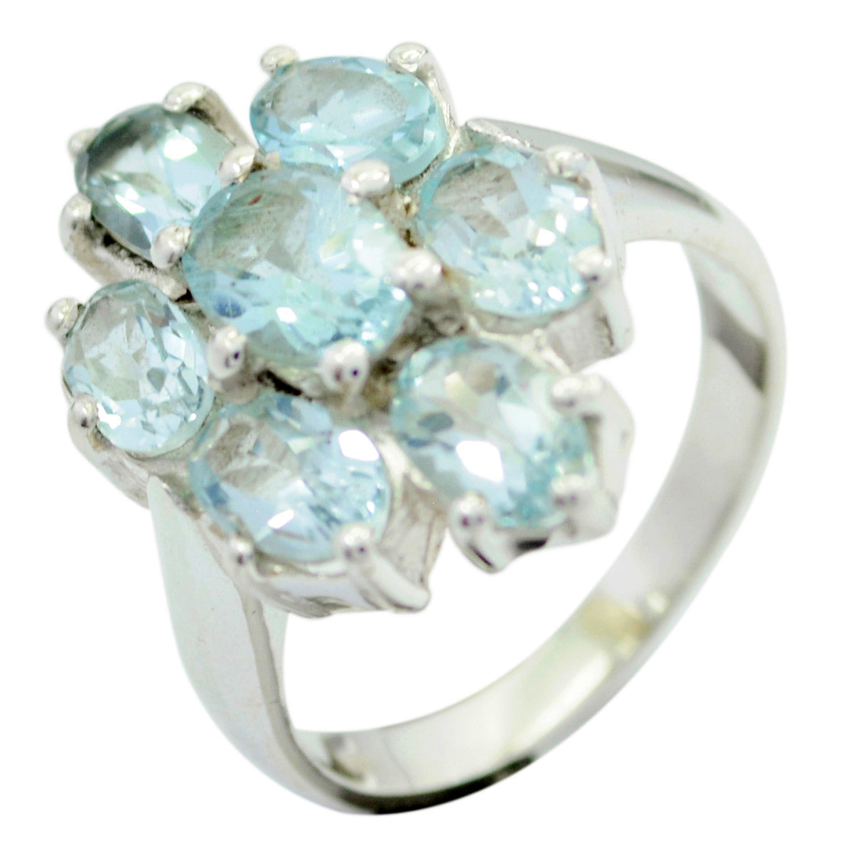 Siti floral gemstone ring for women with multiple light blue gemstones in a silver setting