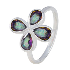 Yuki floral gemstone ring for women with four teardrop-shaped multicolor stones on silver band
