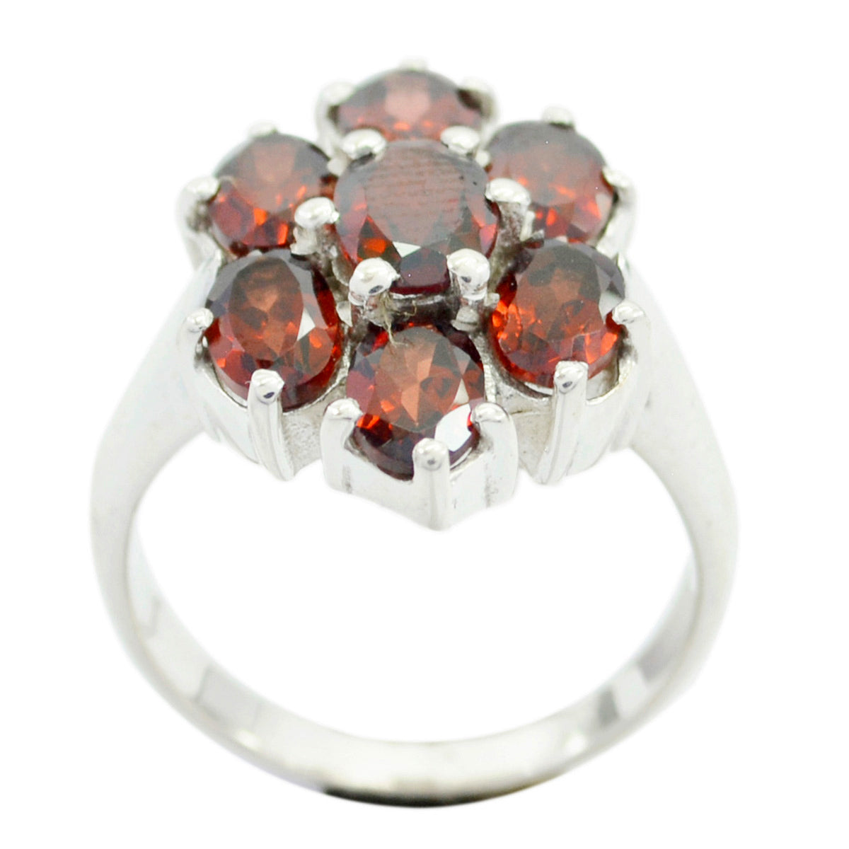 Cecilia floral gemstone ring for women with deep red stones in a flower-shaped silver setting