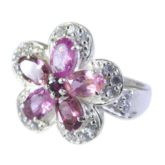 Sofia floral gemstone ring with pink petals and silver band featuring sparkling accents