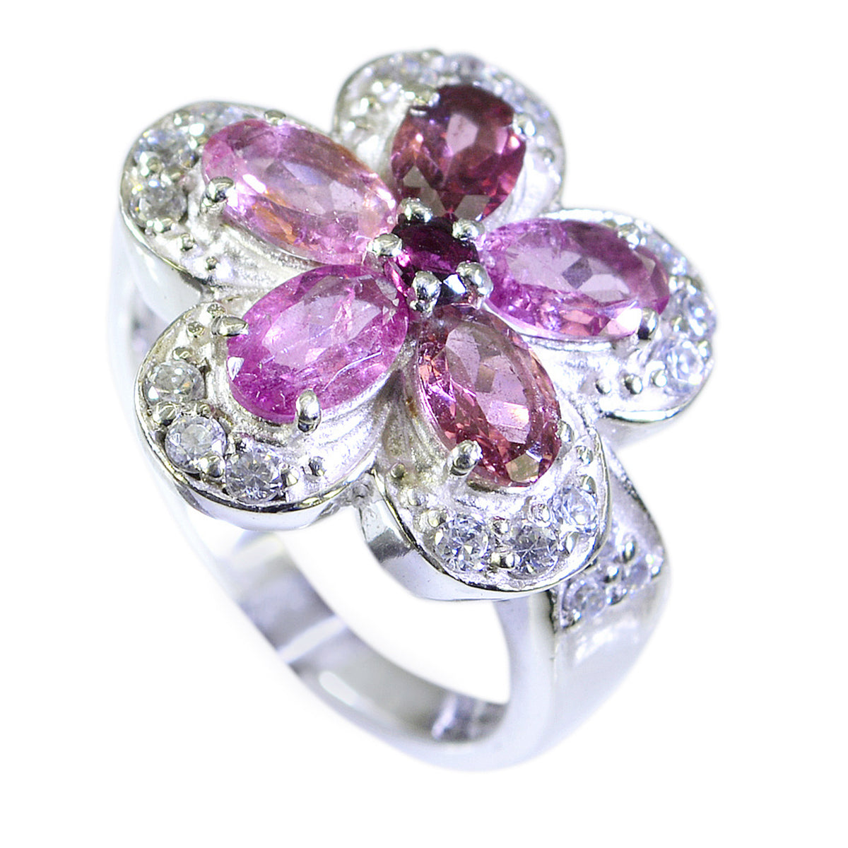 Sofia floral gemstone ring with pink and purple stones set in silver shaped like a flower