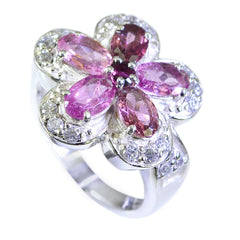 Sofia floral gemstone ring with pink and purple stones set in silver shaped like a flower