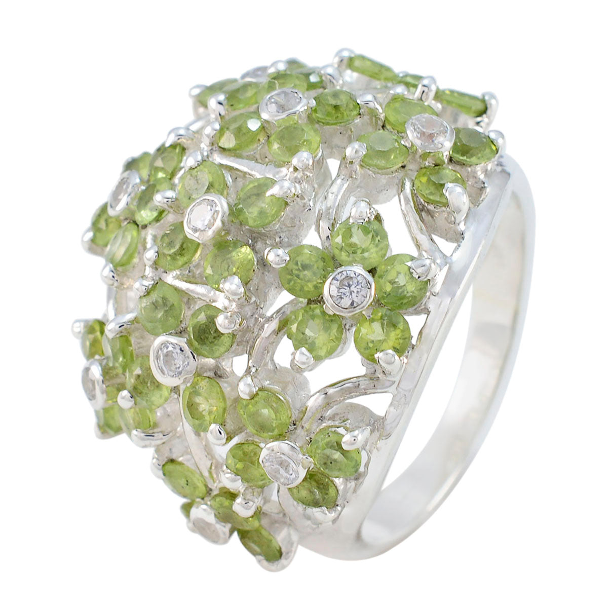 Florencia floral green gemstone ring with multiple green stones and silver setting