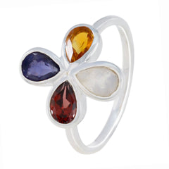 Olivia floral multicolor gemstone ring with four teardrop stones in purple yellow moonstone and red on silver band