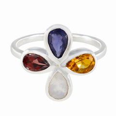 Olivia silver ring with four teardrop stones in purple red yellow and white floral multicolor gemstone ring