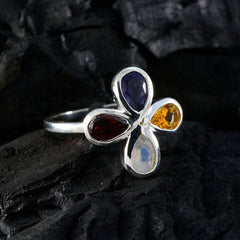 Olivia silver band floral multicolor gemstone ring with four teardrop purple red yellow and moonstone petals