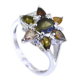 Putri silver floral multicolor gemstone ring with central green oval stone and pear shaped multicolor petals