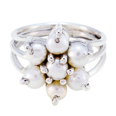 Kristine silver floral pearl statement ring with cluster of small white pearls in floral design