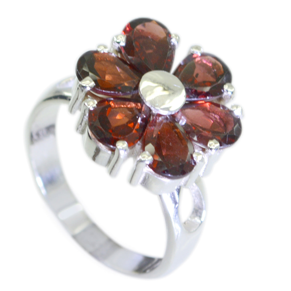 Ananya Floral Red Gemstone Ring in Sterling Silver Garnet Red