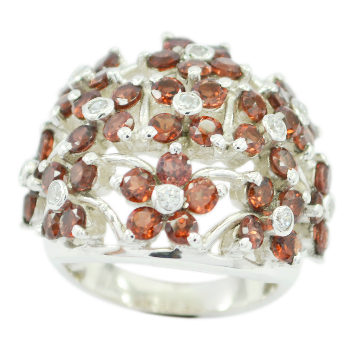 Fernanda floral red gemstone ring in sterling silver with dome cluster of round red stones and clear accents
