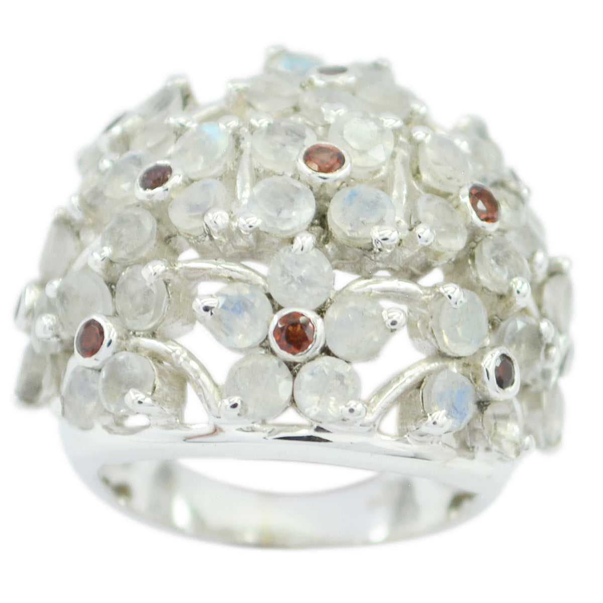 Gabriela floral white gemstone ring sterling silver dome design with moonstone petals and garnet centers